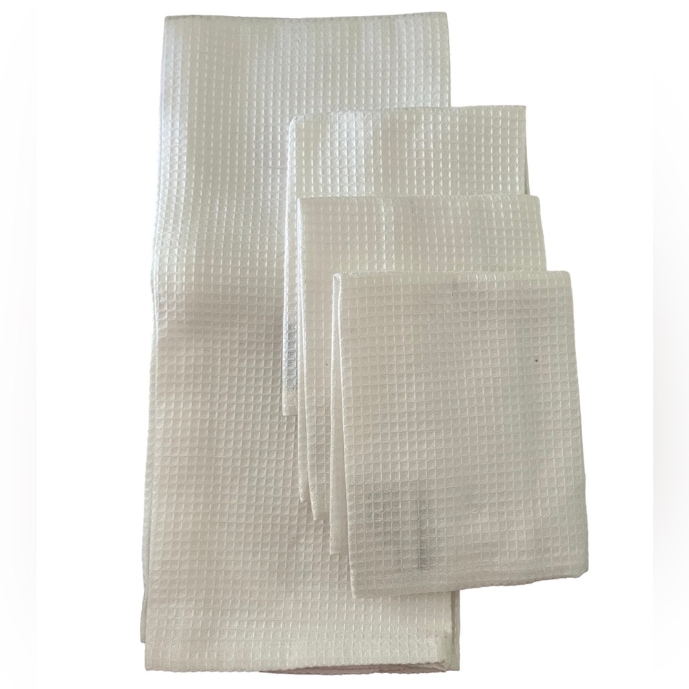 Set of Two White Waffle Weave Kitchen Towels and Three Dishclothes